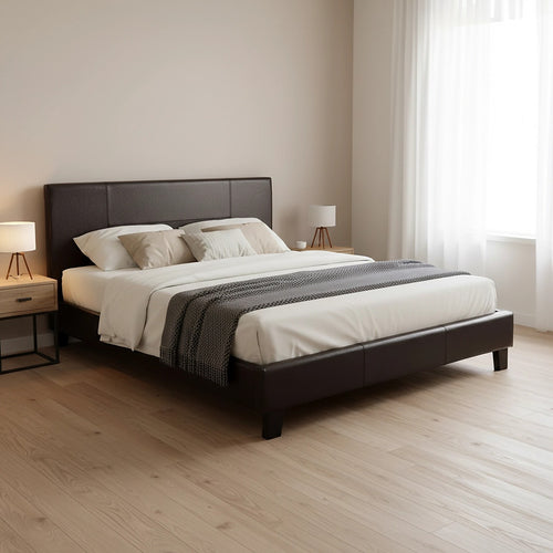 Double Size Bed Frame with Headboard – Brown PU Leather