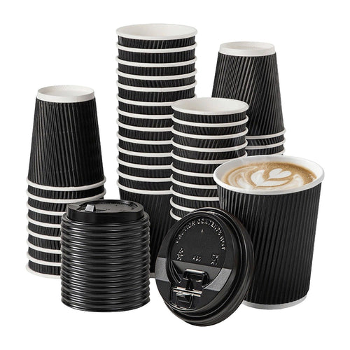 Black Triple Wall Coffee Cups with Matching Lids 500 Piece set 16oz