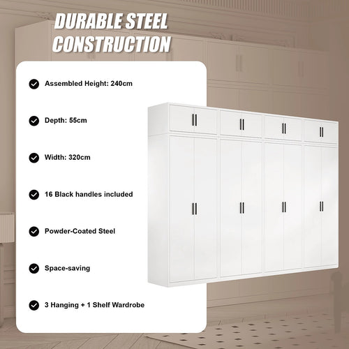 320x240cm 8-Door White Steel 3 Hanging and 1 Shelf Wardrobe with Black Handle Storage Cabinet