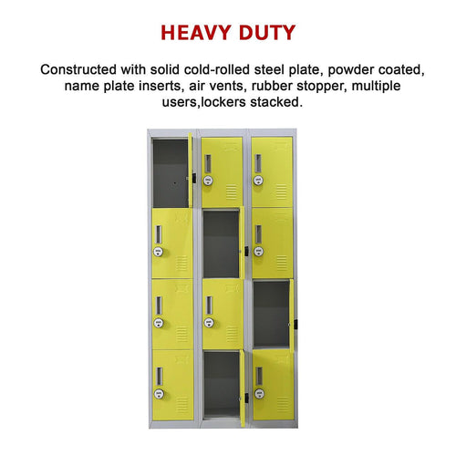 Grey with Yellow Door 12-Door Locker for Office Gym Shed School Home Storage - 4-Digit Combination Lock