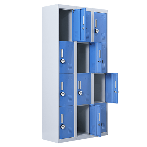 Grey with Blue Door 12-Door Locker for Office Gym Shed School Home Storage - 4-Digit Combination Lock