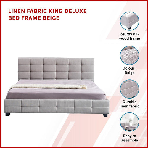 King Beige Linen Fabric Deluxe Bed Frame