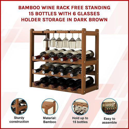 Bamboo Wine Rack Free Standing 15 Bottles with 6 Glasses Holder Storage in Dark Brown