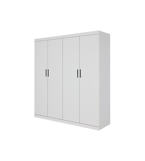 4 Door White Wardrobe Cabinet – Hanging Rail, Shelves & Black Handles