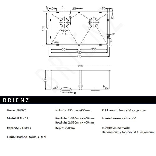 775x450mm Stainless Steel Handmade 1.5mm Sink with Waste in Stainless Steel with brushed finish Finish