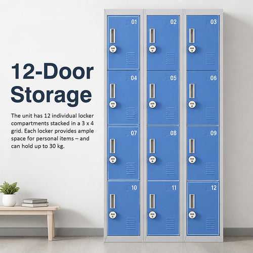 12-Door Steel Locker – Grey with Blue Door, 4-Digit Combination Lock