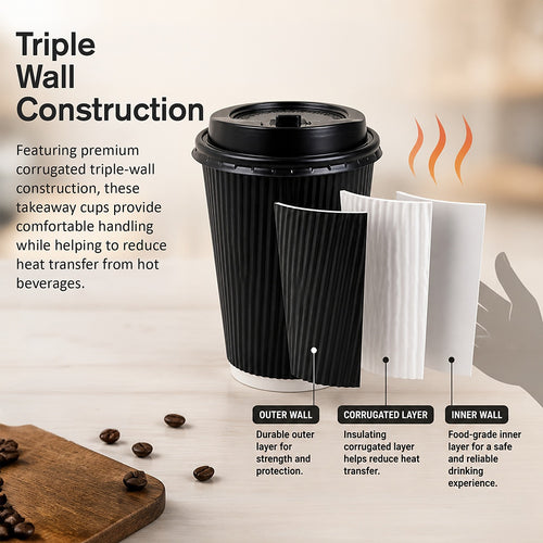 Black Triple Wall Coffee Cups with Matching Lids 500 Piece set 8oz