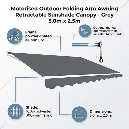 Automatic Retractable Awning 5x2.5m - Grey Outdoor Wall Sunshade