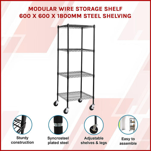Modular Wire Storage Shelf 600 x 600 x 1800mm Steel Shelving - Baking Black Technology with Wheels