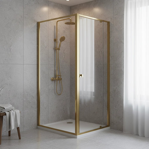 Adjustable Semi Frameless Shower Screen Front: (74~82)x195cm with Gold Hardware and Side: (98~101)x195cm