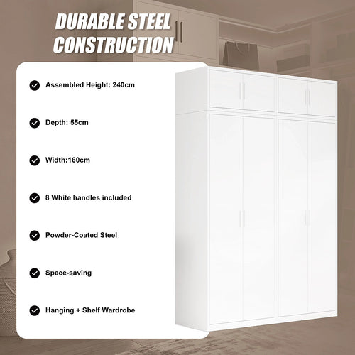 160x240cm 4-Door White Steel Hanging and Shelf Wardrobe with White Handle Storage Cabinet