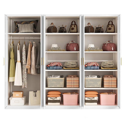 240x200cm 6-Door White Steel 1 Hanging and 2 Shelf Wardrobe with Gold Handle Storage Cabinet