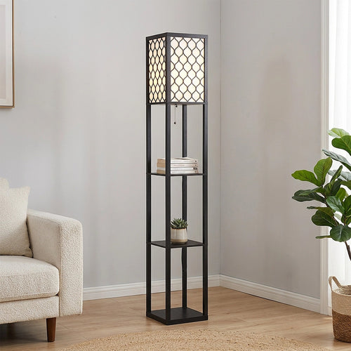 Shelf Floor Lamp with Shade and Open Shelves in Black Wood - Style B