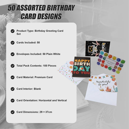 Birthday Card Set 50 Cards with 50 Envelopes Mixed Designs