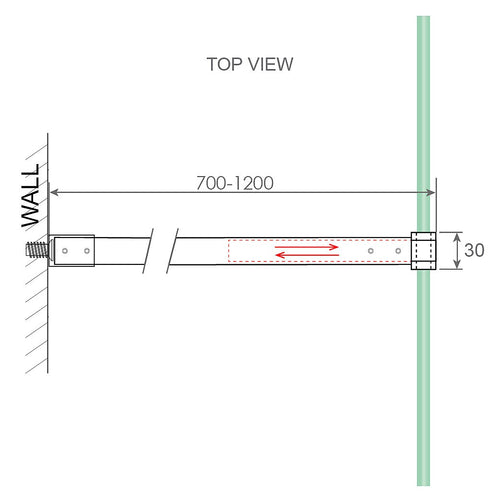 Frameless Shower Screen 110 x 210cm | Curved Glass, Chrome Square Stabilising Bar + Wall F-Bracket