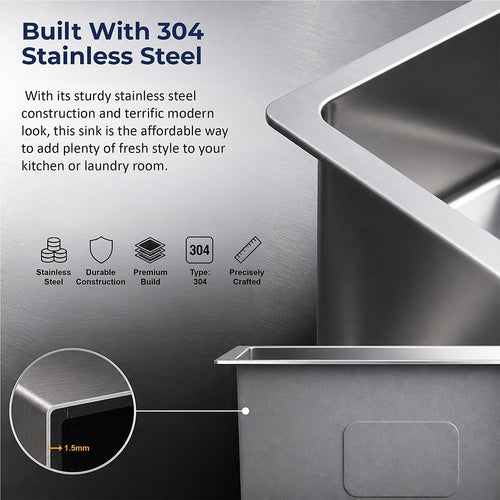 510x450mm Handmade 1.5mm Stainless Steel Sink – Undermount/Topmount with Waste & Stainless Steel with brushed finish Look