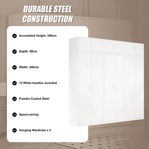 240x240cm 6-Door White Steel Hanging Wardrobe with White Handle Storage Cabinet