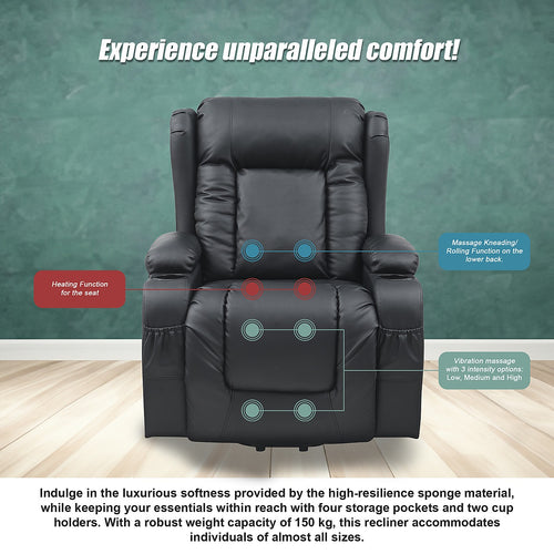 Electric Lift Recliner Chair – Heated Massage PU Leather Armchair with USB
