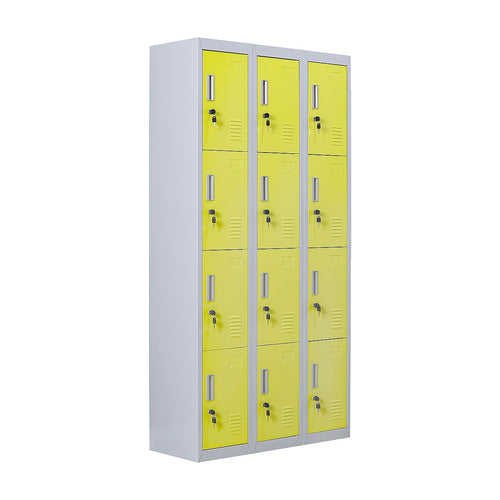 12-Door Steel Locker – Grey with Yellow Door, Standard Lock with 2 Keys