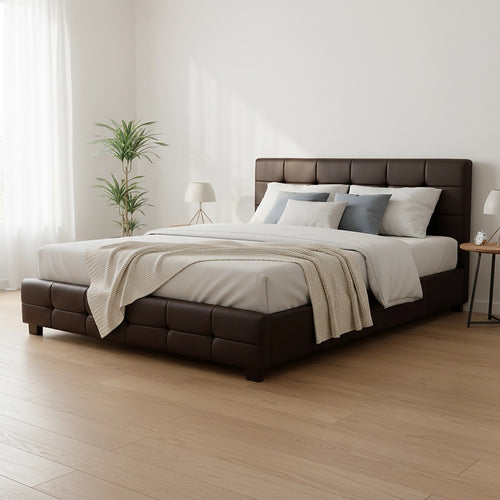 Queen Deluxe Brown PU Leather Upholstered Bed Frame with Headboard & Slats