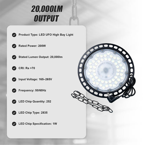 200W LED High Bay Light 20000lm UFO Warehouse Workshop Lamp