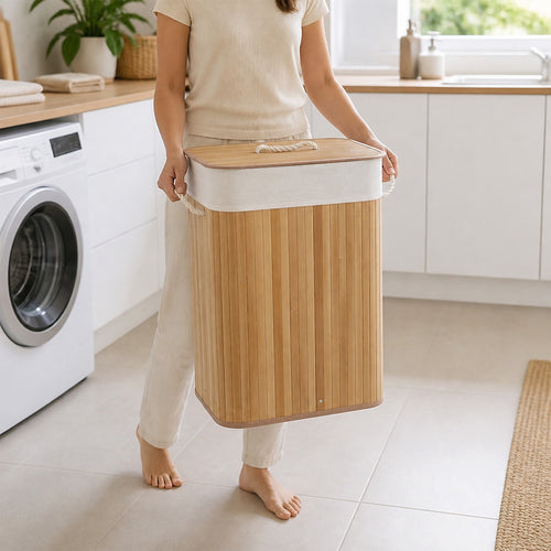 72L Wood Bamboo Laundry Hamper with Lid & Removable Liner Bag