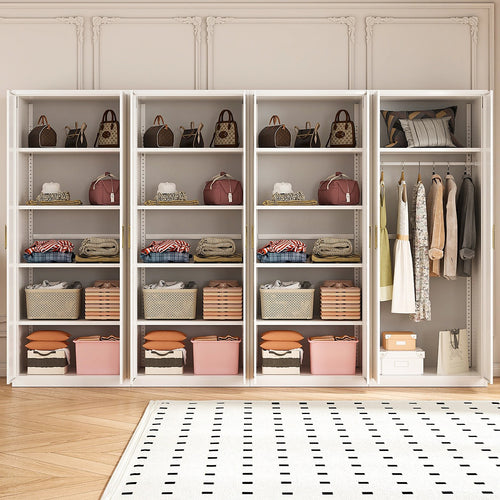 320x200cm 8-Door White Steel 1 Hanging and 3 Shelf Wardrobe with Gold Handle Storage Cabinet