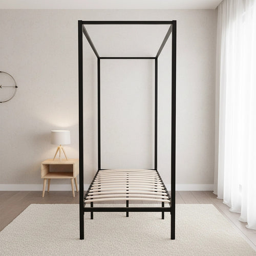4-Poster Single Bed Frame – Sturdy Black Modern Canopy Bed for Bedroom