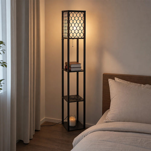 Shelf Floor Lamp with Shade and Open Shelves in Black Wood - Style B