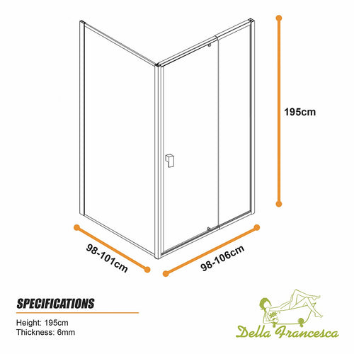 Semi-Frameless Shower Screen – Gunmetal, Front: (98~106)x195cm, Side: (98~101)x195cm