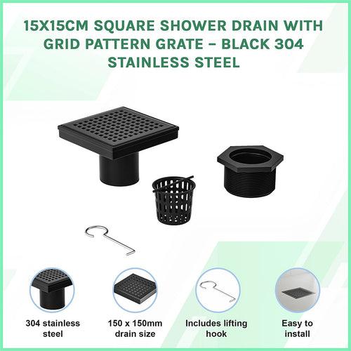 15 x 15cm Square Shower Drain with Grid Pattern Grate – Matte Black Stainless Steel