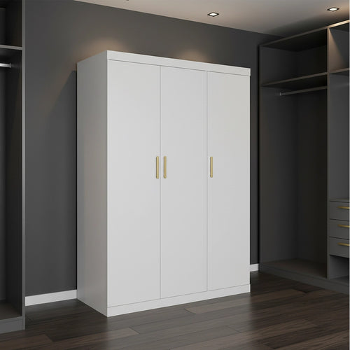 3 Door White Wardrobe – Gold Handles, Hanging Rail & Shelves