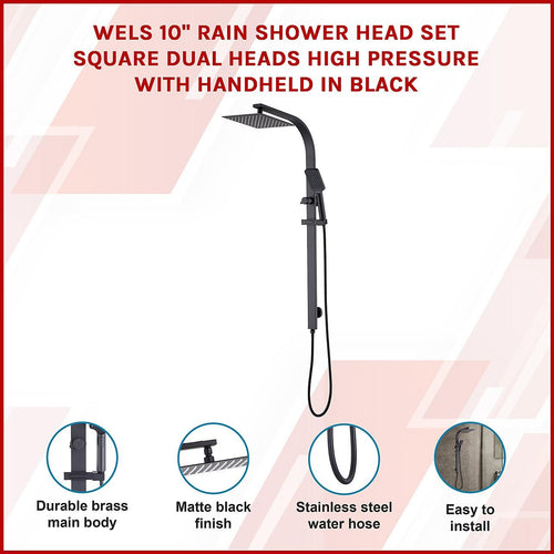 WELS 10" Black Rain Shower Head Set Square Dual Heads High Pressure with Handheld