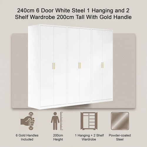 240x200cm 6-Door White Steel 1 Hanging and 2 Shelf Wardrobe with Gold Handle Storage Cabinet