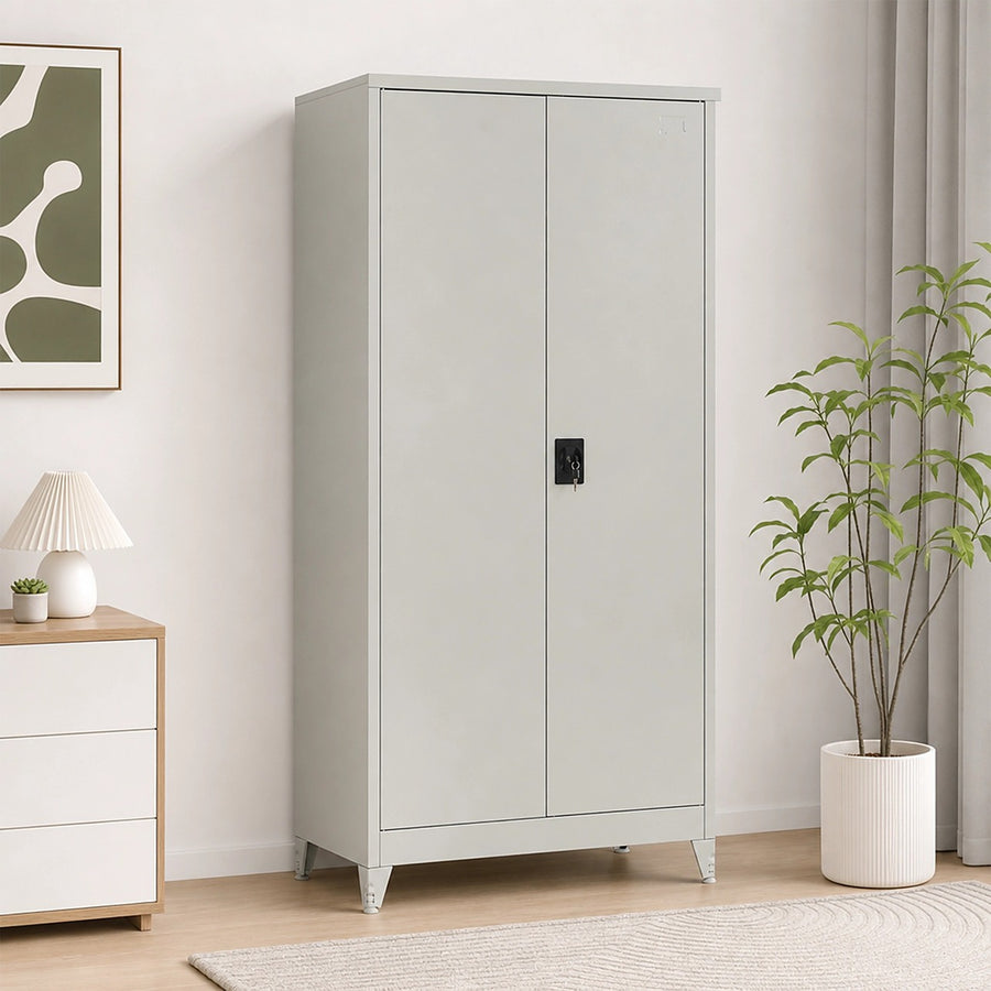 Double-Door Metal Cabinet with 4 Shelves – Office, Garage, or Home Storage in Grey with Legs