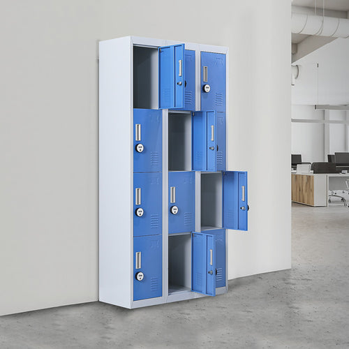 12-Door Locker – Grey with Blue Door with 4-Digit Combination Lock | Secure Storage for Office, Gym or School Use