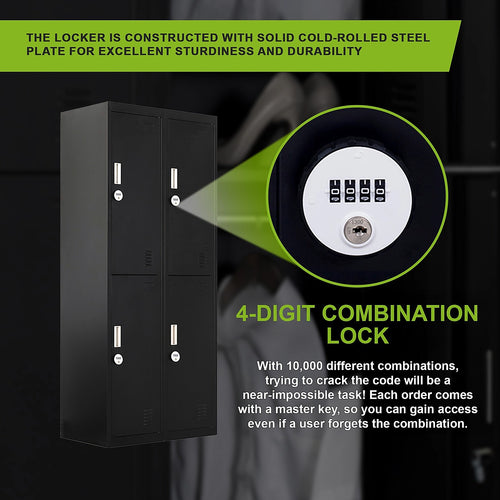 2x2 Door Black Metal Locker – Secure Storage with 4-Digit Combination Lock