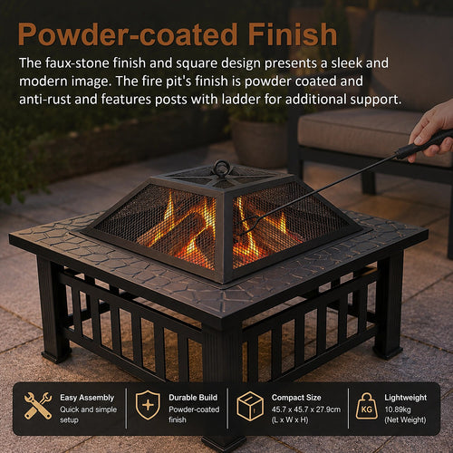 Square Fire Pit – Metal Design with Mesh Screen Lid & Poker