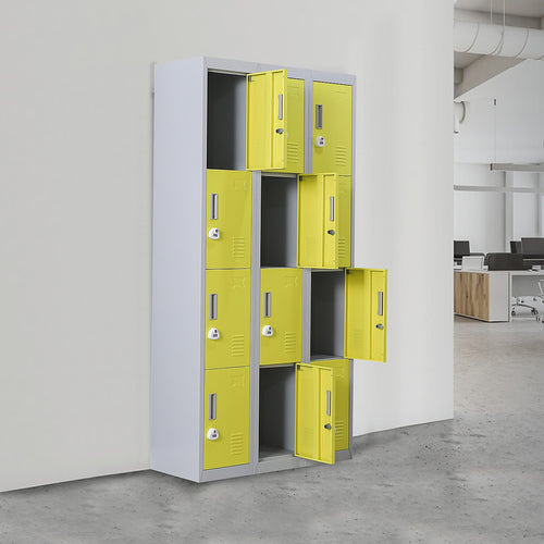 12-Door Locker – Grey with Yellow Door with 3-Digit Combination Lock | Secure Storage for Office, Gym or School Use
