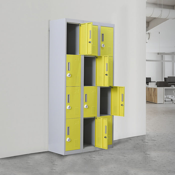 Grey with Yellow Door 12-Door Locker for Office Gym Shed School Home Storage - 3-Digit Combination Lock