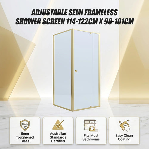 Adjustable Semi Frameless Shower Screen Front: (114~122)x195cm with Gold Hardware and Side: (98~101)x195cm