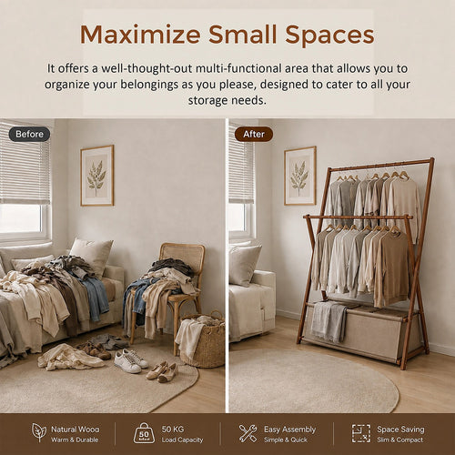 100x155cm Freestanding Clothes Rail Garment Rack in Dark Wood with Storage Shelf – Stylish, Space-Efficient Organiser