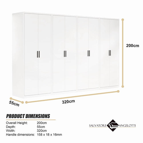 320x200cm 8-Door White Steel Shelf Wardrobe with Black Handle Storage Cabinet
