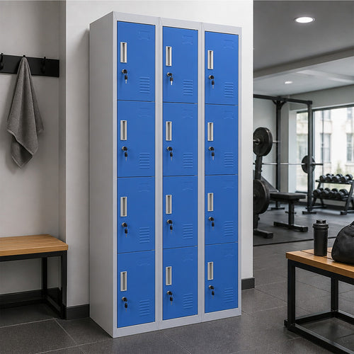 12-Door Steel Locker – Grey with Blue Door, Standard Lock with 2 Keys