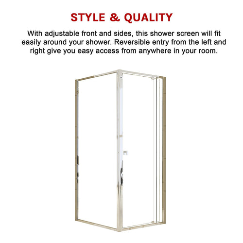 Adjustable Semi Frameless Shower Screen Front: (74~82)x195cm with Gold Hardware and Side: (89~92)x195cm