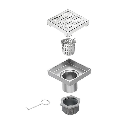 15 x 15cm Square Shower Drain with Grid Pattern Grate – Chrome Stainless Steel