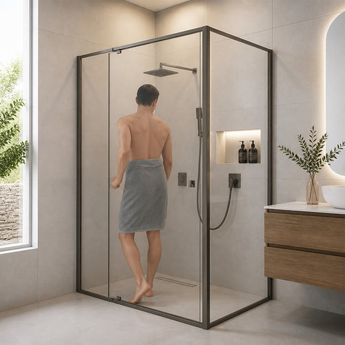 Semi-Frameless Shower Screen – Gunmetal, Front: (114~122)x195cm, Side: (89~92)x195cm