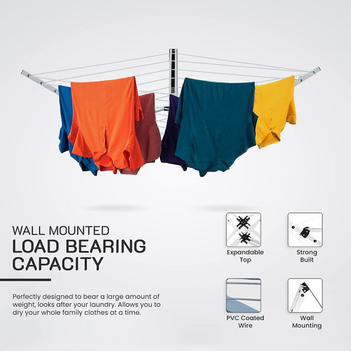 24m Folding Dryer for Laundry & Washing - Wall Mounted 5 Arm Clothes Airer