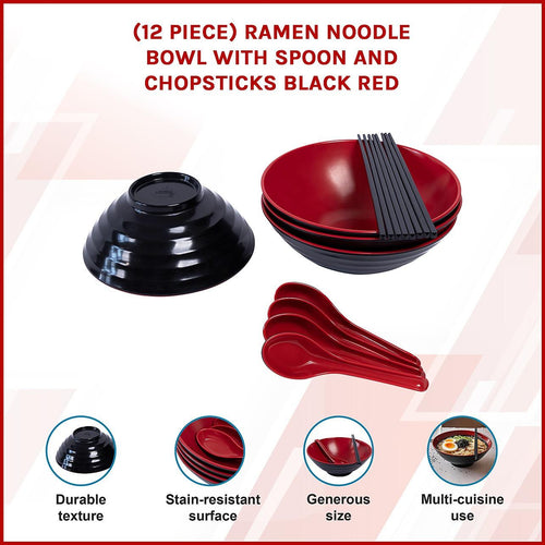 (12 Piece) Ramen Noodle Bowl with Spoon and Chopsticks Black Red