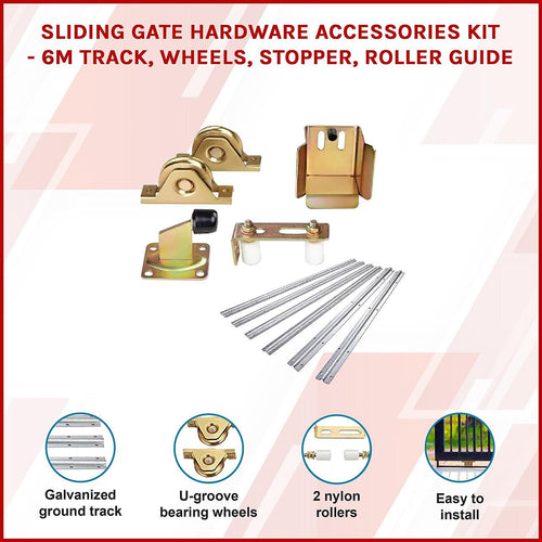 Sliding Gate Hardware Accessories Kit - 6m Track, Wheels, Stopper, Roller Guide